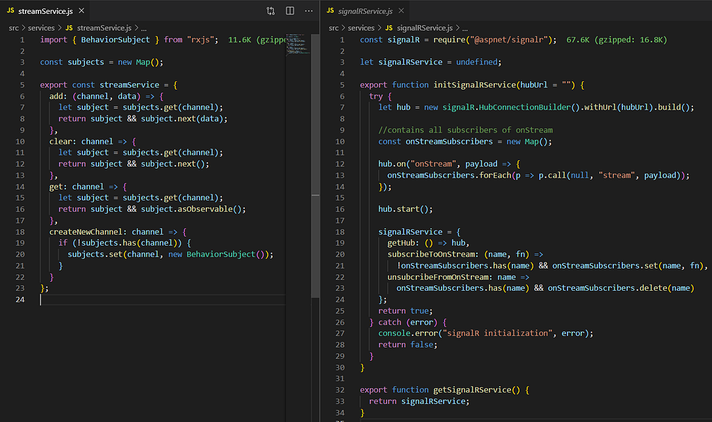 streamService(left) and signalrService(right)