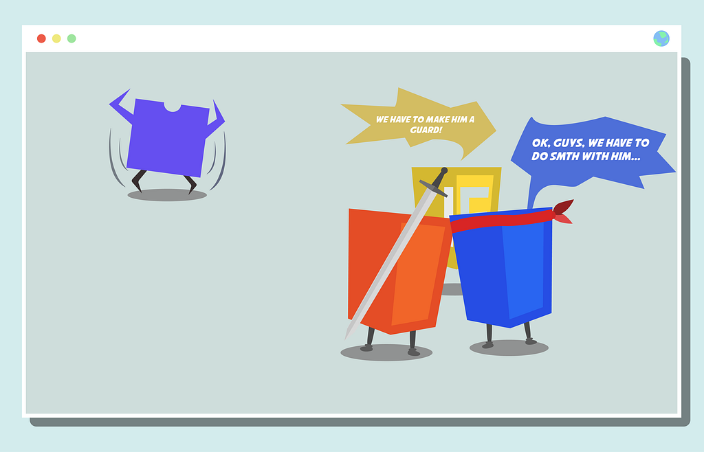 Cartoon: a purple WebAssembly block does push-ups while JavaScript characters with sword and shield decide to make him a guard