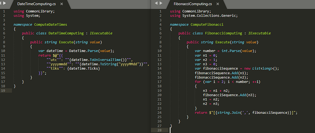DateTimeComputing.cs (left side) and FibonacciComputing.cs (right side).