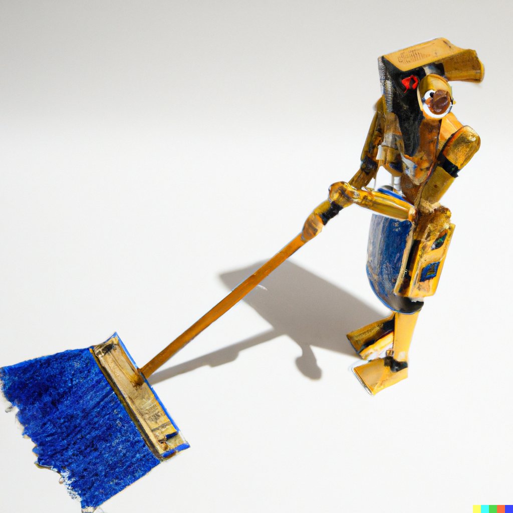Illustration of a robot sweeping with a push broom, like a garbage collector tidying memory