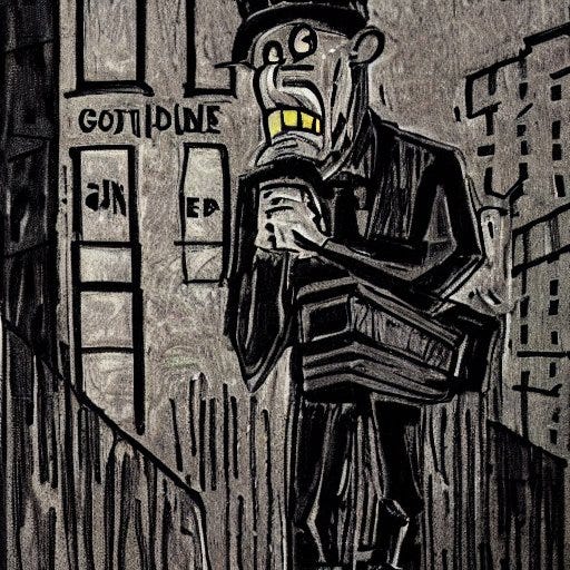 Dark cartoon of a suited figure hauling a stack of crates through a gloomy city street