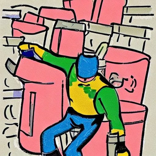Cartoon of a worker clambering over stacks of oversized containers