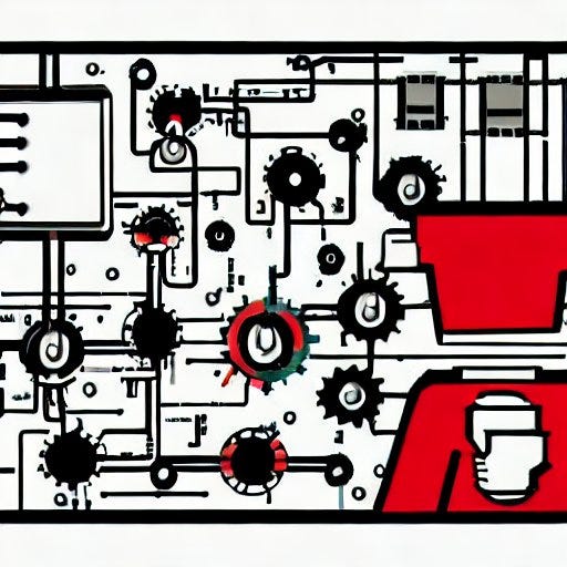 Stylized diagram of interlocking gears and pipes feeding a red machine