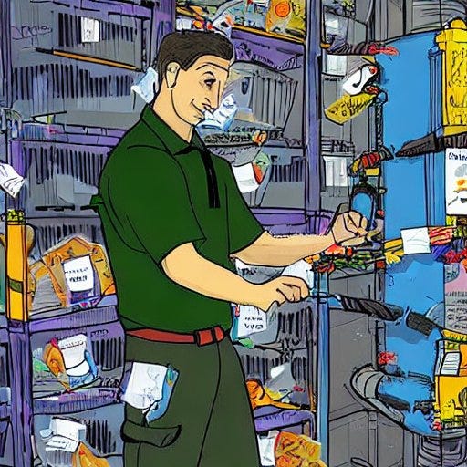 Illustration of a man tidying items on crowded warehouse shelves