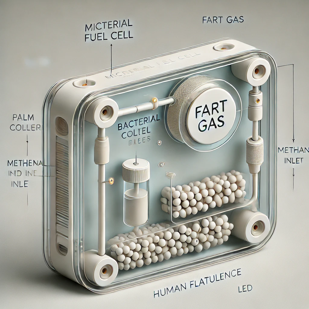 Concept render of a sealed microbial fuel cell capturing flatulence gas, with labeled methane inlets