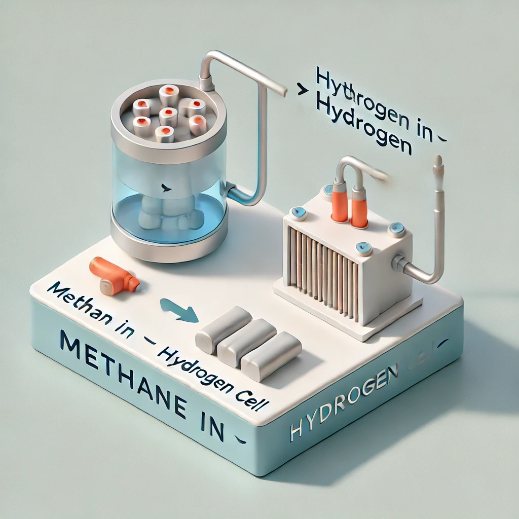 Concept render of a methane-to-hydrogen conversion cell with a bioreactor feeding a fuel cell stack