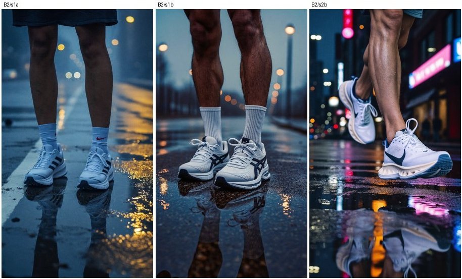 Three stills from prompts that asked for plain, unbranded shoes